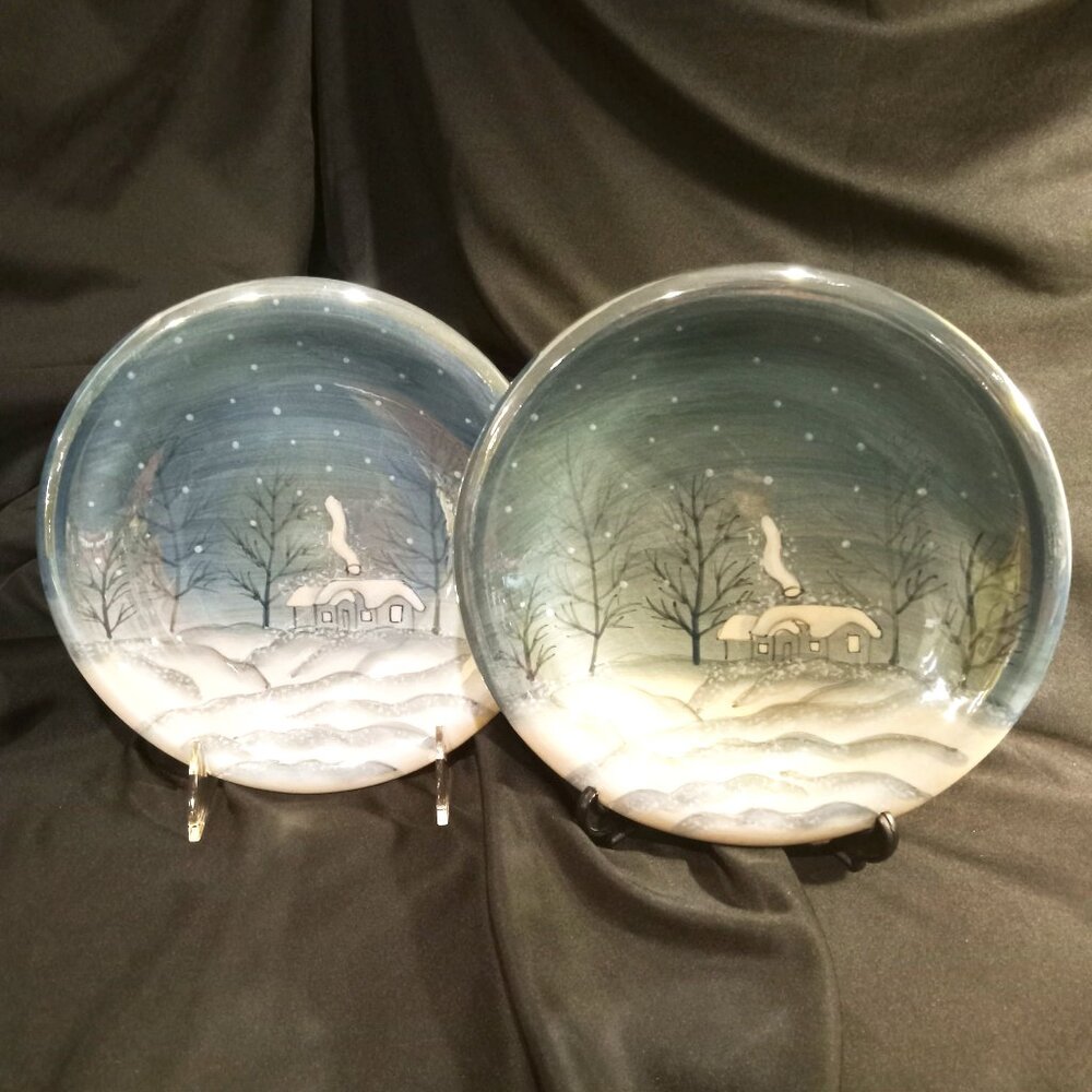 TWO Large Salad/Dessert plates, Vintage Atico High Glossy Iridescent  Snowy Chri